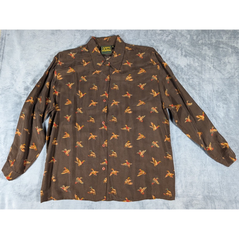 Vtg L'Esquimau Paris Brown Mallard Duck Print Button Shirt Made in France 42